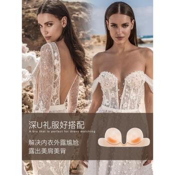 深U無肩帶內衣防滑露背隱形文胸大胸顯小矽膠胸貼大碼有鋼圈上託