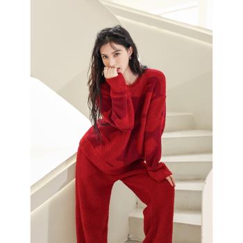 2024紅色本命年結婚情侶睡衣女款秋冬季珊瑚絨加厚毛絨男士家居服