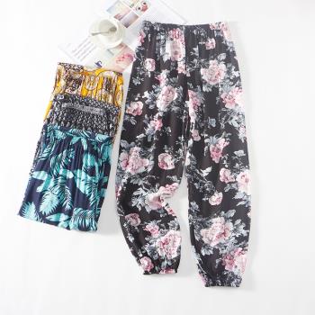 海邊度假人造棉沙灘褲女棉綢印花泰國民族風大碼寬松燈籠褲睡褲