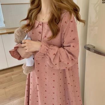 韓國ins睡衣女秋季長袖網紅甜美公主風睡裙少女家居服長款連衣裙