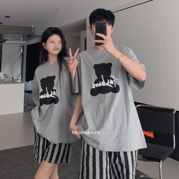 可愛小熊男女純棉條紋情侶睡衣