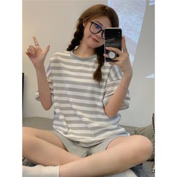 夏季短袖睡衣少女短褲可外穿網紅風ins小個子休閑條紋家居服套裝