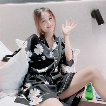 網紅ins短袖睡衣女夏天薄款冰絲菊花印花家居服大碼200斤兩件套裝