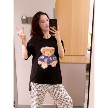短袖睡衣女夏薄款純棉可愛卡通小熊家居服大碼胖mm200斤長褲套裝