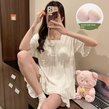 睡衣女春秋純棉甜美可愛家居服帶胸墊夏天短袖短褲學生套裝可外穿