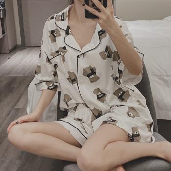 日系短袖情侶睡衣夏季薄款純棉小熊印花開衫家居服大碼200斤套裝