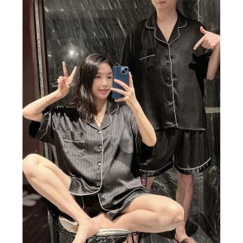 夏季短袖情侶睡衣薄款冰絲開衫家居服寬松大碼胖mm200斤絲綢套裝