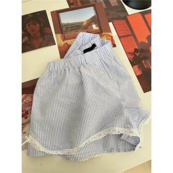 甜美花邊女百搭條紋短褲大碼蕾絲