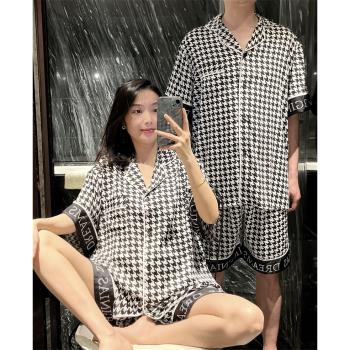 夏季短袖情侶睡衣薄款冰絲千鳥格家居服大碼200斤絲綢模擬絲套裝