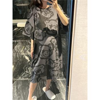 短袖睡裙女夏天薄款純棉可愛小熊印花睡衣大碼胖妹妹200斤家居服