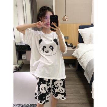 日系短袖情侶睡衣薄款可愛熊貓家居服大碼200斤短褲套裝可外穿夏