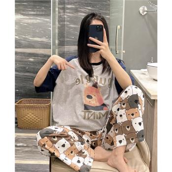 網紅短袖睡衣女夏純棉甜美字母小熊家居服大碼胖mm200斤長褲套裝
