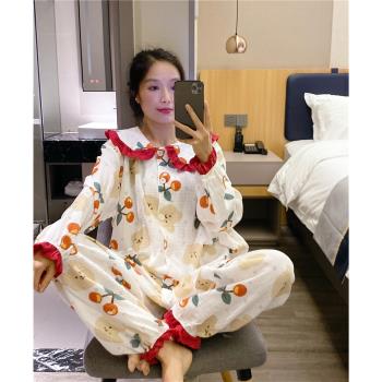 春秋睡衣女透氣紗布棉小翻領可愛卡通家居服大碼胖mm200斤套裝