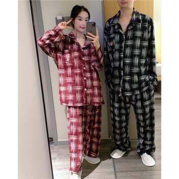 秋冬季情侶睡衣加厚超柔絨格子開衫家居服寬松大碼200斤保暖套裝