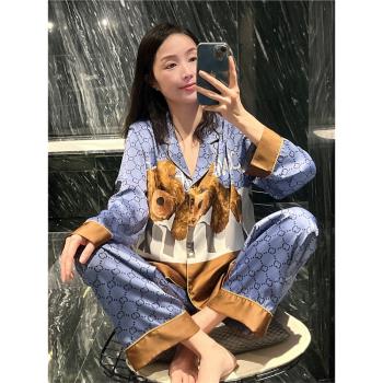 韓版模擬絲情侶睡衣女薄款絲綢卡通小熊家居服大碼胖mm200斤套裝