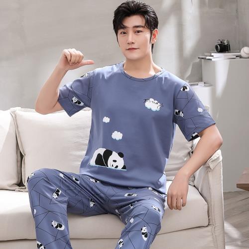 睡衣男純棉短袖長褲青少年初中學生夏天薄款男孩子家居服套裝大碼
