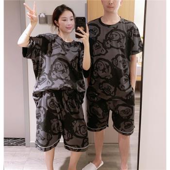 日系ins慵懶短袖情侶睡衣夏薄款純棉可愛小熊家居服大碼200斤套裝