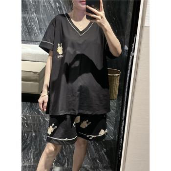 短袖情侶睡衣薄款純棉可愛兔子印花家居服大碼胖mm200斤短褲套裝