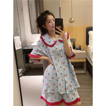 韓版短袖睡衣女夏薄款紗布棉甜美小翻領家居服大碼胖mm200斤套裝
