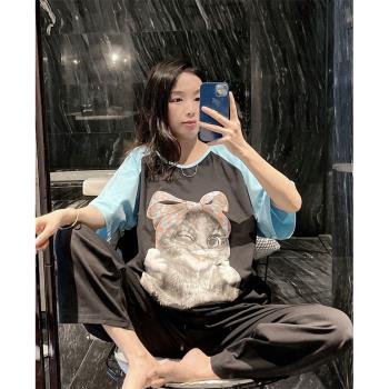 春夏短袖睡衣女薄款可愛卡通貓咪家居服大碼胖mm200斤長褲套裝