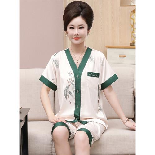 中老年媽媽冰絲睡衣女士夏季短袖七分褲真絲綢高級感開衫薄款套裝