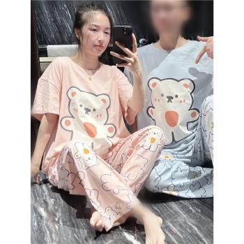 夏季短袖情侶睡衣薄款純棉可愛卡通家居服大碼胖mm200斤長褲套裝