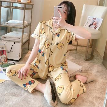 夏女純棉短袖長褲翻領開衫睡衣