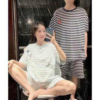 日系ins慵懶風短袖情侶睡衣夏季薄款顯瘦條紋家居服大碼200斤套裝