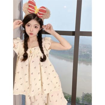 夏季可愛小櫻桃少女睡衣吊帶棉麻薄款2024年新款小個子家居服套裝
