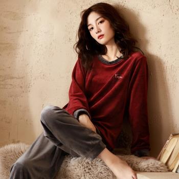氧時間紅色睡衣女冬季海島絨長袖加厚絨保暖珊瑚絨家居服冬天套裝