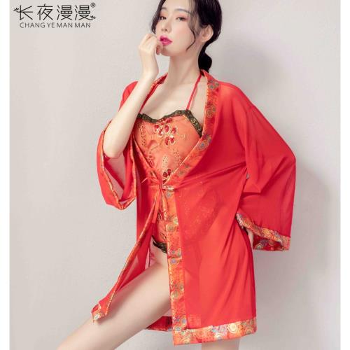 長夜漫漫唐裝外套配肚兜古典美女紅色透視肚兜性感性感刺繡古裝