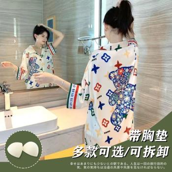 帶胸墊薄款睡衣女士冰絲透氣夏款襯衫裙女寬松大碼孕婦新款家居服