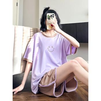 笑臉撞色睡衣女生純棉夏天日系運動風薄款可愛圓領可外穿家居服