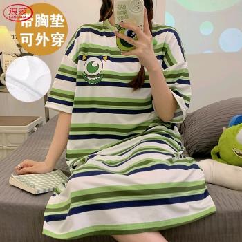 浪莎自帶胸墊一體睡裙女夏天純棉薄款寬松卡通睡衣休閑可外出穿家