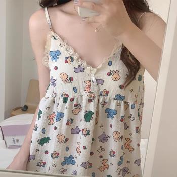 睡裙夏季女吊帶胸墊梭織棉卡通睡衣夏天甜美可愛春秋款家居服新款