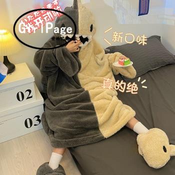 日本卡通恐龍珊瑚絨睡衣女冬季連體情侶睡袋可愛鯊魚睡袍男家居服