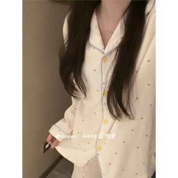 波點睡衣女春秋季2024年新款紗布長袖長褲韓國ins學生家居服套裝
