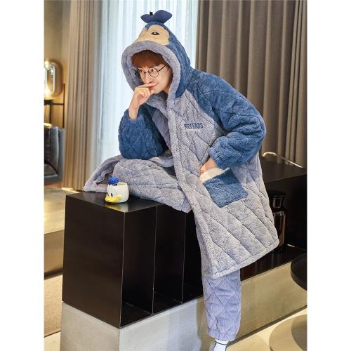 青少年珊瑚絨睡衣男士冬季三層夾棉加絨加厚保暖連帽法蘭絨家居服