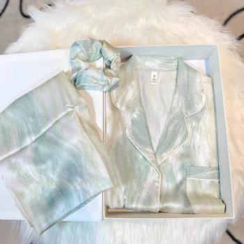 新款睡衣女春秋韓系甜美長袖開衫網紅風絲綢冰絲家居服兩件套套裝
