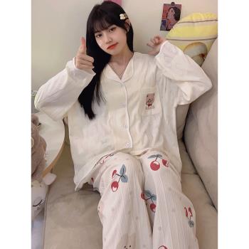 2025年新款春秋季長袖睡衣少女純棉開衫高階感可愛家居服兩件套裝