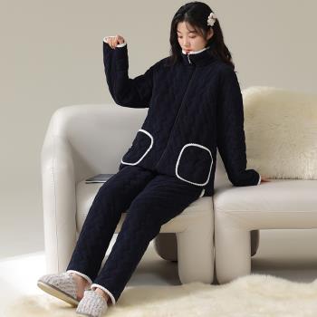 睡衣女款冬天珊瑚絨三層夾棉特厚可外穿加絨加厚保暖冬季家居服