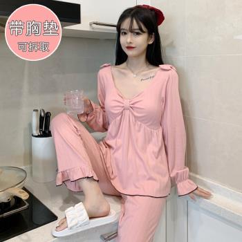 睡衣女春秋季長袖帶胸墊bra性感公主風純棉秋冬款學生家居服套裝