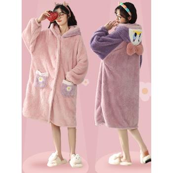睡衣冬款女珊瑚絨連帽睡袍2023新款可愛秋冬季加絨加厚家居服套裝