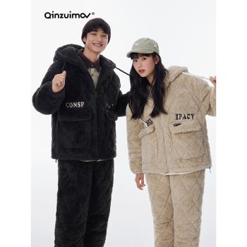 情侶睡衣冬季女款2023新款三層夾棉珊瑚絨加絨加厚男士家居服套裝