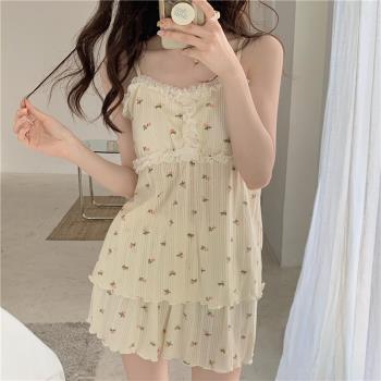 2025年新款純棉睡衣女夏季帶胸墊休閑甜美花邊可愛吊帶家居服套裝
