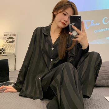 日系睡衣女春秋季冰絲2023年新款長袖黑色條紋模擬絲綢冬季家居服