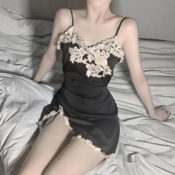 性感睡衣女模擬絲水溶花吊帶睡裙純欲內衣火辣誘惑短裙套裝家居服