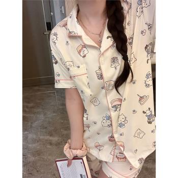 網紅風睡衣女夏季2024年新款短袖短褲可愛卡通KT貓學生家居服套裝