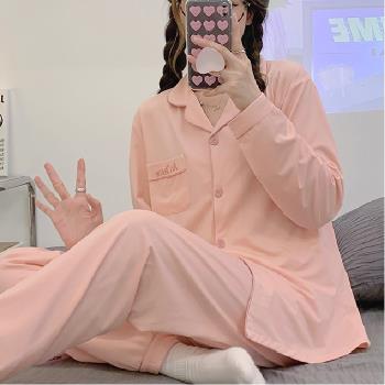 睡衣女春秋純棉長袖2025年新款純色可愛薄款春秋季少女家居服套裝