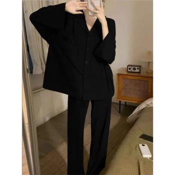韓版ins風黑色睡衣女款春秋季簡約網紅長袖大碼可外穿家居服套裝